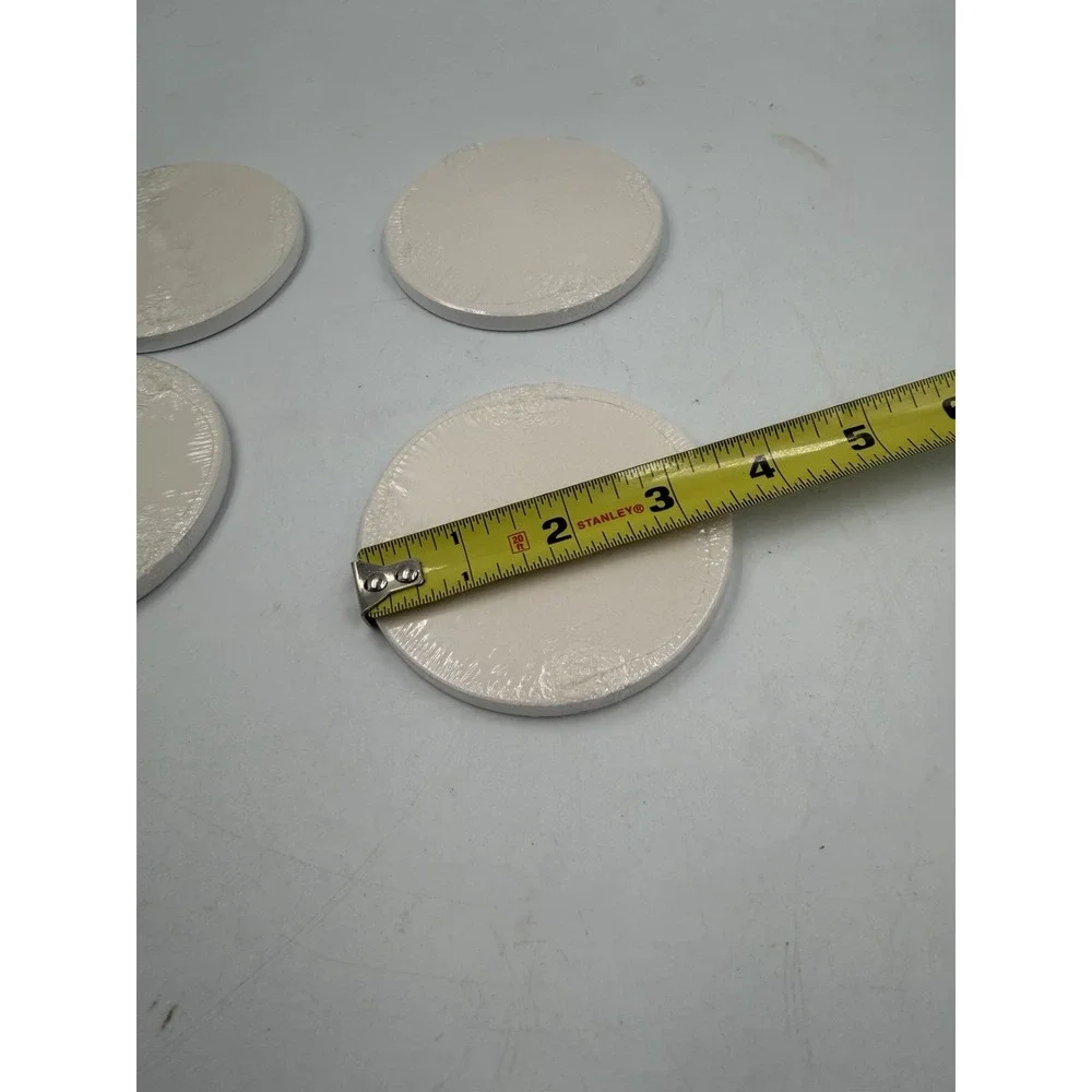 Set Of 4 Sealed Ceramic White Disc Coasters 3.5in Rounds 1/4